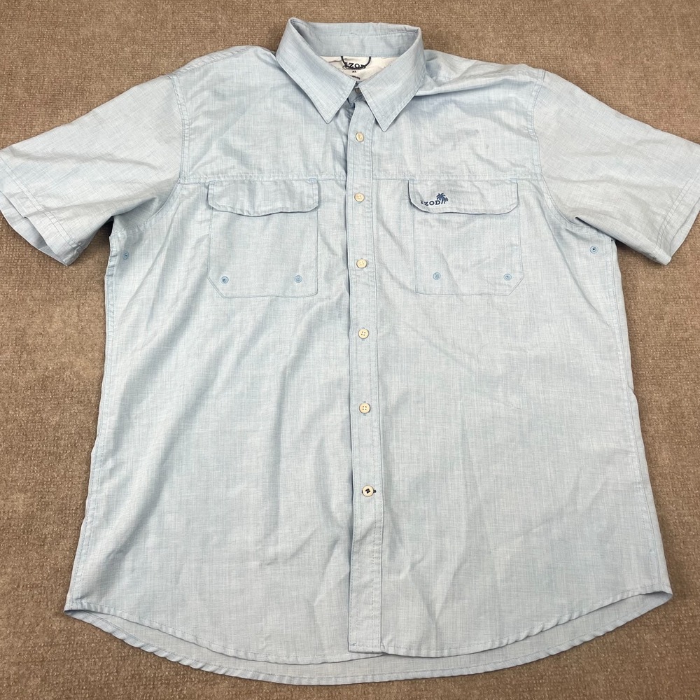Izod Saltwater Shirt Mens XL Blue Short Sleeve Button Front Flap Pockets Casual